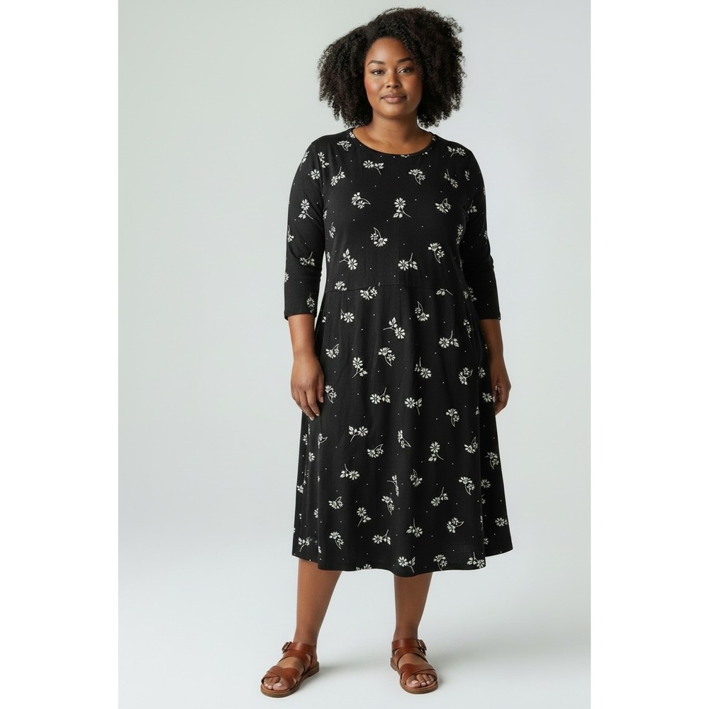 Lands' End Black Floral Cottagecore‎ Dress Medium 10-12 Casual